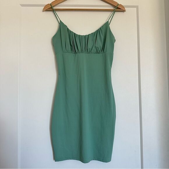 Sage Green Ruched Cami Bodycon Party Business Casual Mini Dress - Picture 3 of 6